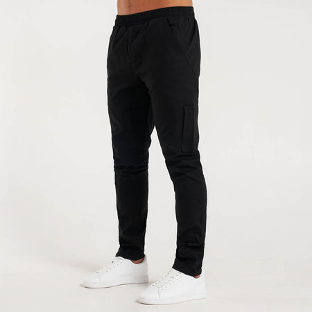 Bee Inspired Medel Cargo Pant in Black, regular fit cargo trousers with a side zip pocket, front view
