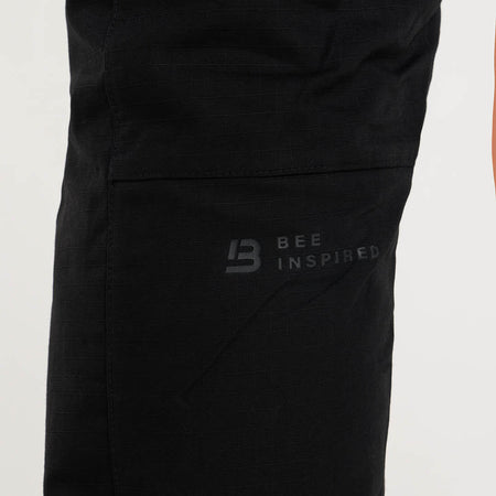 Bee Inspired Medel Cargo Pant in Black, regular fit cargo trousers with a side zip pocket, front view