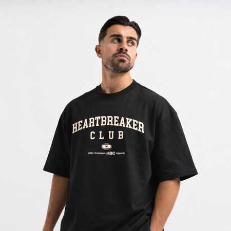 Bee Inspired Heartbreaker Club T-Shirt in Black, oversized boxy fit tee in premium cotton, front view