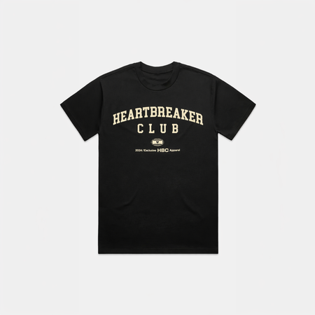 Bee Inspired Heartbreaker Club T-Shirt in Black, oversized boxy fit tee in premium cotton, close-up