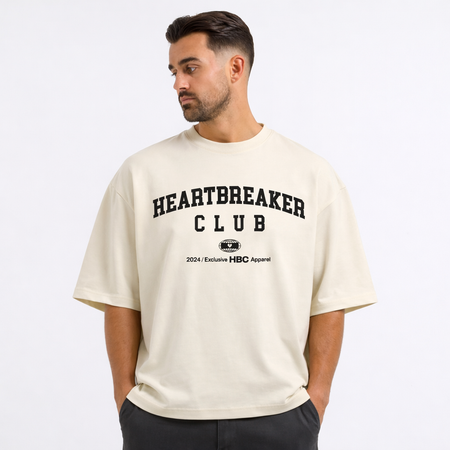Bee Inspired Heartbreaker Club T-Shirt in Cream, oversized boxy fit tee in premium cotton, styled shot