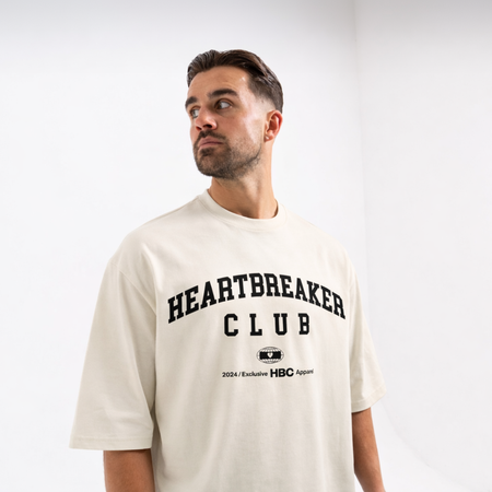 Bee Inspired Heartbreaker Club T-Shirt in Cream, oversized boxy fit tee in premium cotton, front view