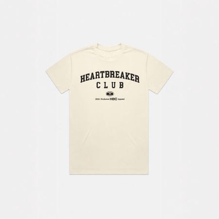 Bee Inspired Heartbreaker Club T-Shirt in Cream, oversized boxy fit tee in premium cotton, close-up