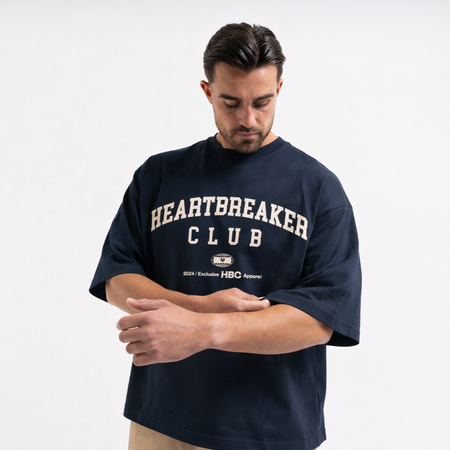 Bee Inspired Heartbreaker Club T-Shirt in Navy, oversized boxy fit tee in premium cotton, styled shot
