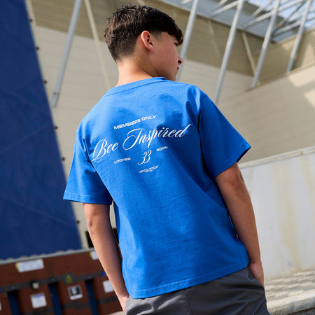 Bee Inspired Junior Team T-Shirt in Blue, heavyweight cotton junior tee with dropped shoulders, styled lifestyle shot