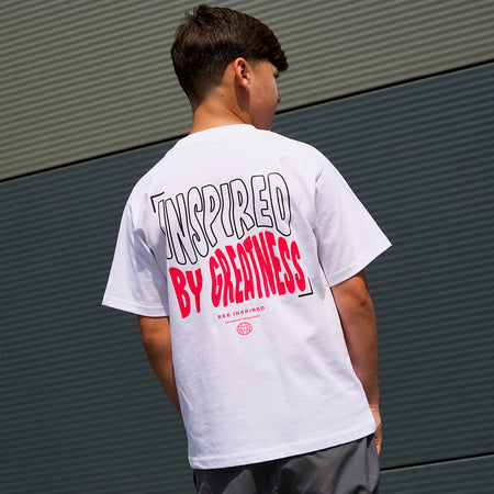 Bee Inspired Junior Aguirre T-Shirt in White/Pink, relaxed fit junior tee with a raised chest and back print