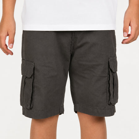 Bee Inspired Junior Cunha Shorts in Grey, relaxed fit junior cargo shorts with multiple pockets, close-up crop shot
