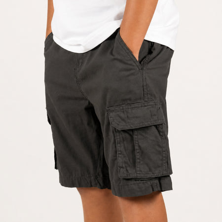 Bee Inspired Junior Cunha Shorts in Grey, relaxed fit junior cargo shorts with multiple pockets, close-up crop shot