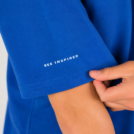 Bee Inspired Junior Guedes T-Shirt in Blue, relaxed fit junior tee in heavyweight cotton, close-up crop shot