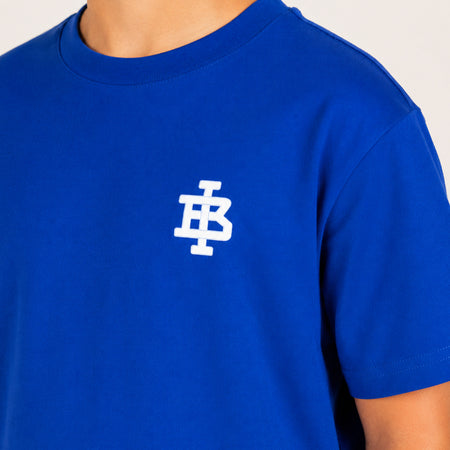 Bee Inspired Junior Guedes T-Shirt in Blue, relaxed fit junior tee in heavyweight cotton, close-up crop shot