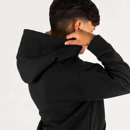 Bee Inspired Junior Initial Hoodie in Black, relaxed fit junior hoodie, close-up crop shot