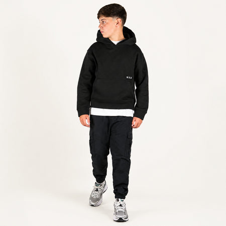 Bee Inspired Junior Initial Hoodie in Black, relaxed fit junior hoodie, close-up crop shot