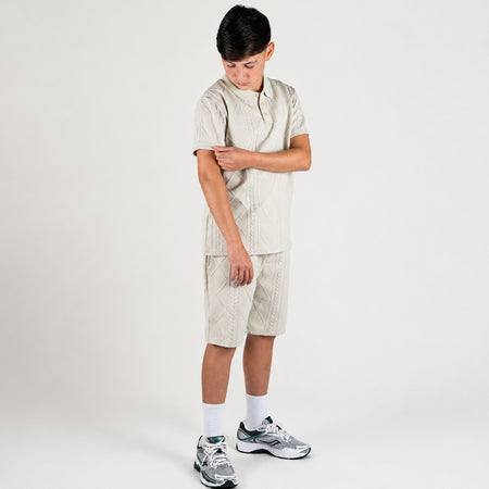 Bee Inspired Junior Konsa Twin Set in Light Stone, matching polo shirt and shorts twin set in lightweight cotton