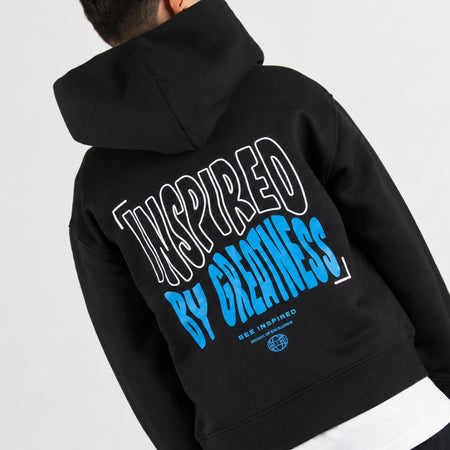 Bee Inspired Junior Aguirre Hoodie in Black/Blue, relaxed fit junior hoodie with a raised chest and back print