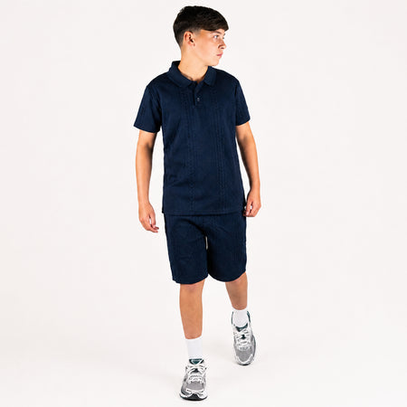 Bee Inspired Junior Konsa Twin Set in Navy, matching polo shirt and shorts twin set in lightweight cotton, close-up crop shot
