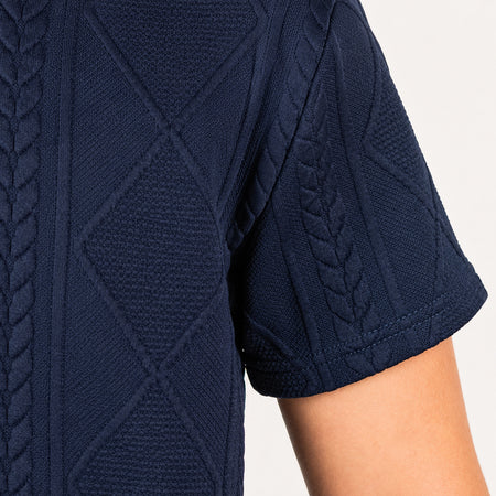 Bee Inspired Junior Konsa Twin Set in Navy, matching polo shirt and shorts twin set in lightweight cotton, close-up crop shot