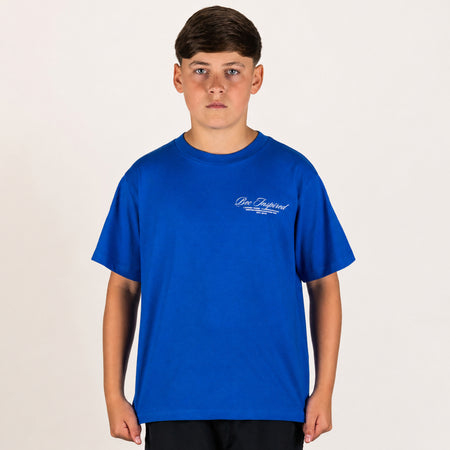 Bee Inspired Junior Team T-Shirt in Blue, heavyweight cotton junior tee with dropped shoulders, close-up crop shot