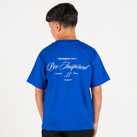 Bee Inspired Junior Team T-Shirt in Blue, heavyweight cotton junior tee with dropped shoulders, close-up crop shot