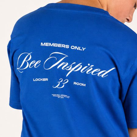Bee Inspired Junior Team T-Shirt in Blue, heavyweight cotton junior tee with dropped shoulders, close-up crop shot