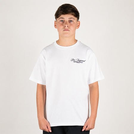 Bee Inspired Junior Team T-Shirt in White, heavyweight cotton junior tee with dropped shoulders, close-up crop shot