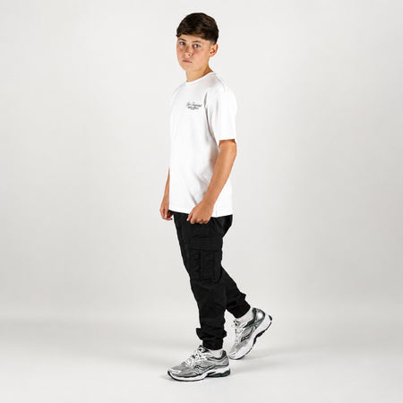 Bee Inspired Junior Team T-Shirt in White, heavyweight cotton junior tee with dropped shoulders, close-up crop shot