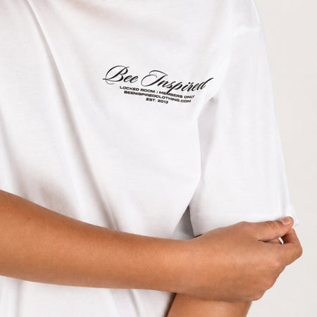 Bee Inspired Junior Team T-Shirt in White, heavyweight cotton junior tee with dropped shoulders, close-up crop shot