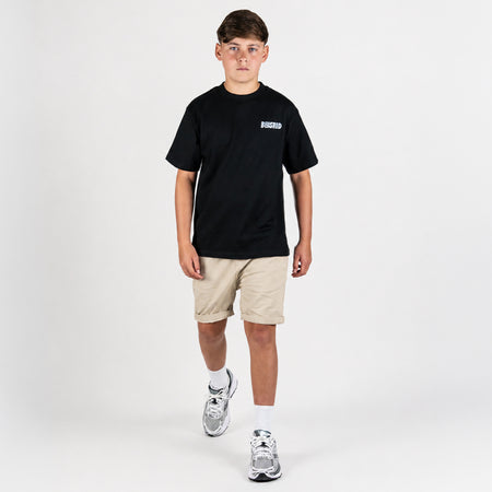 Bee Inspired Junior Santos Shorts in Stone, regular fit junior chino shorts with an elasticated waistband, close-up crop shot