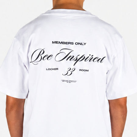 Bee Inspired Junior Team T-Shirt in White, heavyweight cotton junior tee with dropped shoulders, close-up crop shot
