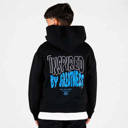 Bee Inspired Junior Aguirre Hoodie in Black/Blue, relaxed fit junior hoodie with a raised chest and back print