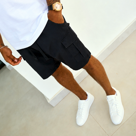 Bee Inspired Cruz Cargo Short in Navy, regular fit cargo shorts with a multi utility pocket design, styled shot