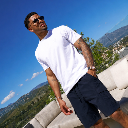 Bee Inspired Cruz Cargo Short in Navy, regular fit cargo shorts with a multi utility pocket design, close-up