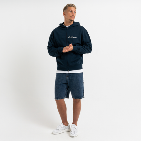 Bee Inspired Endo Zip Hoodie in Dark Navy, heavyweight cotton full zip hoodie with a structured fit, close-up