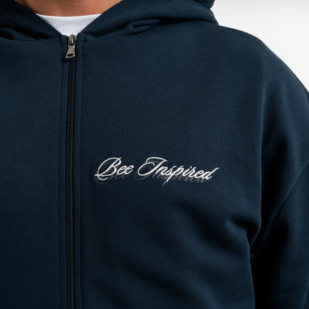 Bee Inspired Endo Zip Hoodie in Dark Navy, heavyweight cotton full zip hoodie with a structured fit, back view