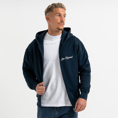 Bee Inspired Endo Zip Hoodie in Dark Navy, heavyweight cotton full zip hoodie with a structured fit, styled shot