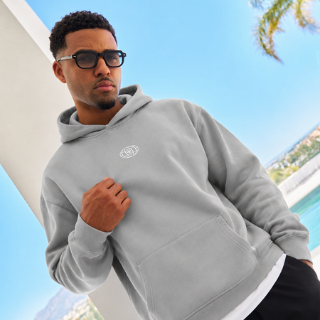 Bee Inspired Sagna Hoodie in Storm, relaxed fit hoodie with a bold back graphic, styled shot