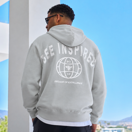 Bee Inspired Sagna Hoodie in Storm, relaxed fit hoodie with a bold back graphic, front view