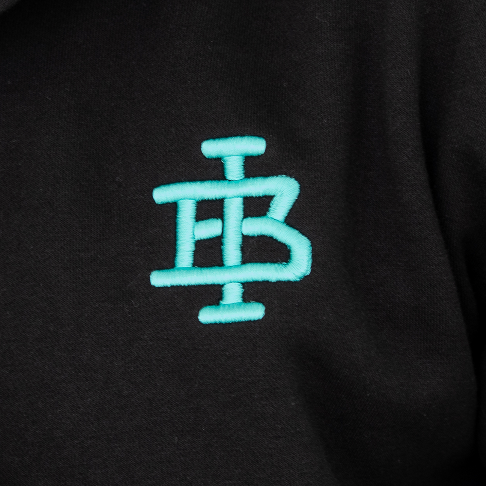 Bee Inspired Guedes Hoodie in Black/Aqua, back view
