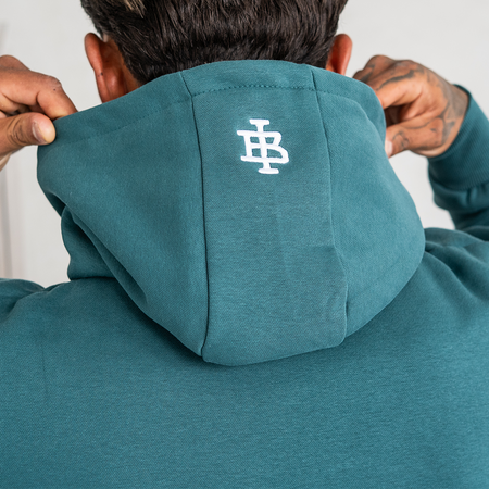 Bee Inspired Guedes Hoodie in Teal/White, back view