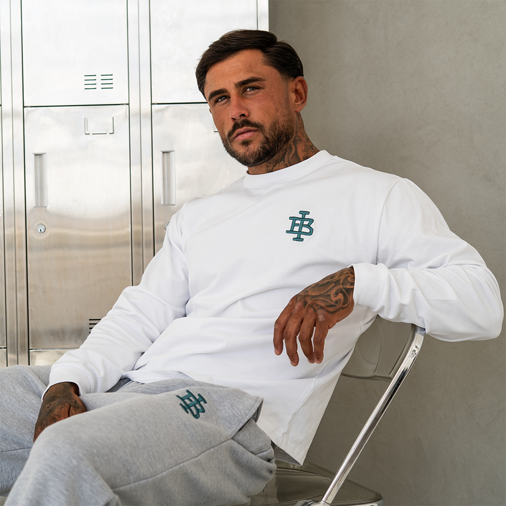 Bee Inspired Guedes Long Sleeve T-Shirt in White/Aqua, styled shot