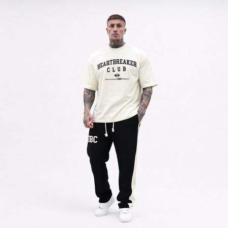 Bee Inspired Heartbreaker Club Sweatpants in Black/Cream, sweatpants with contrast side panelling and raw edge appliqu\u00e9