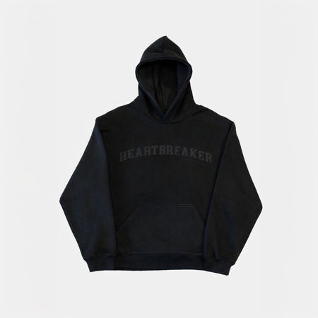 Bee Inspired Heartbreaker Club Blackout Hoodie in Black, relaxed fit hoodie in a luxury streetwear style, close-up