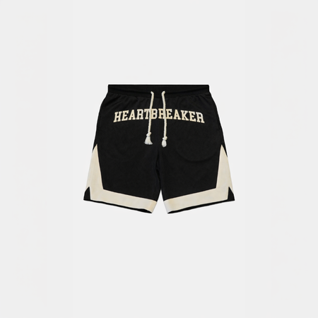 Bee Inspired Heartbreaker Club Mesh Shorts in Black/Cream, mesh shorts with a contrast Heartbreaker logo, close-up