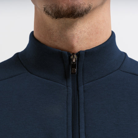 Bee Inspired Klose 1/4 Zip in Dark Navy, slim fit quarter-zip with stretch cuffs and hem, close-up