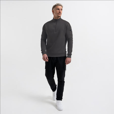 Bee Inspired Klose 1/4 Zip in Charcoal, slim fit quarter-zip with stretch cuffs and sleeve panelling, close-up