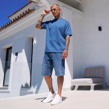 Bee Inspired Morata T-Shirt in Blue, relaxed fit tee in neoprene fabric, styled shot