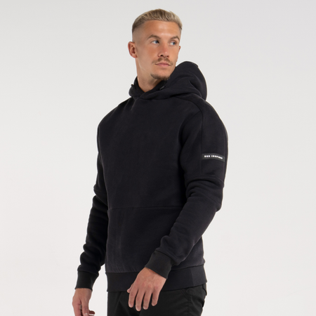 Bee Inspired Neto Overhead Hoodie in Black, slim fit hoodie in soft peached brushback fabric, front view
