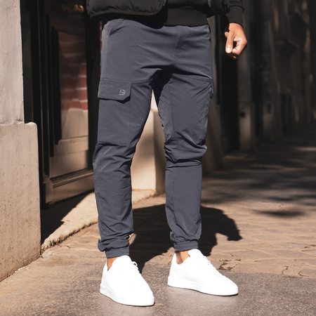 Bee Inspired Rivero Tech Cargo Pants in Charcoal, regular fit tech cargo trousers, back view