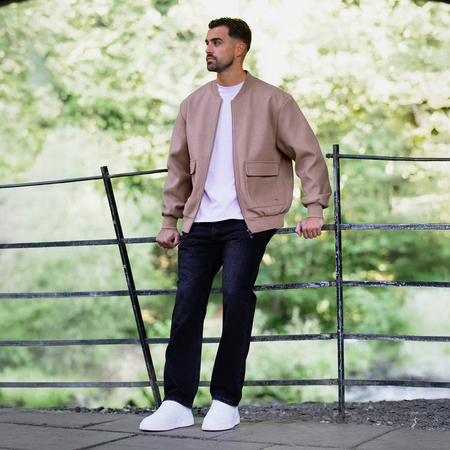 Bee Inspired Sibbick Bomber Jacket in Taupe, bomber jacket with a two-way front zip, styled shot