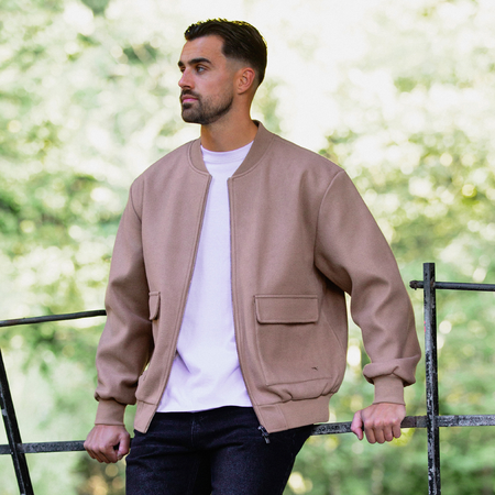 Bee Inspired Sibbick Bomber Jacket in Taupe, bomber jacket with a two-way front zip, front view