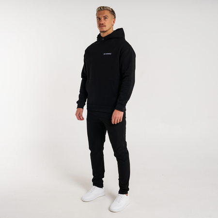 Bee Inspired Stach Hoodie in Black, relaxed fit hoodie with a kanga pocket and stretch cuffs, styled shot